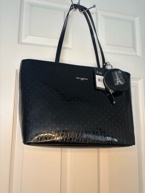 Karl Lagerfeld Black Patent Embossed Shoulder Tote with Coin Pouch